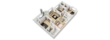 A 3D floor plan of a house with a kitchen, living room, and two bedrooms.