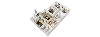A 3D floor plan of a house with multiple rooms.