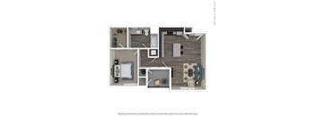 A floor plan of a small apartment with a bedroom, living room, and kitchen.