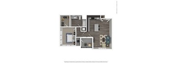 A floor plan of a small apartment with a kitchen, living room, and bathroom.
