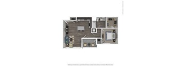 A floor plan of a small apartment with a kitchen, living room, and bathroom.