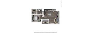 A floor plan of a small apartment with a kitchen, living room, and bathroom.