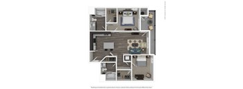 A floor plan of a small apartment with a bedroom, living room, and kitchen.