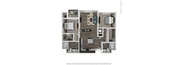 A floor plan of a two-bedroom apartment with a living room, kitchen, and bathroom.