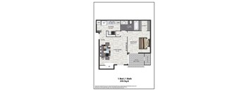 A floor plan of a one bedroom apartment with a living room, kitchen, bathroom, and closet.