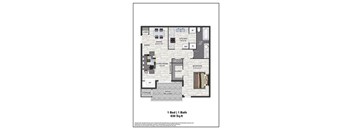 A floor plan of a small apartment with a living room, kitchen, and bathroom.