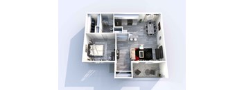 A top-down view of a small apartment with a kitchen, living room, and bedroom.
