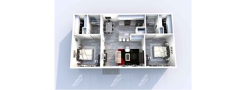 A top-down view of a house layout with two bedrooms, a living room, a kitchen, and a bathroom.