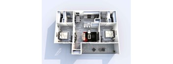 A top-down view of a modern apartment layout with a kitchen, living room, and two bedrooms.