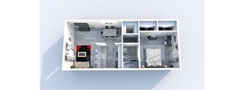 A top-down view of a small apartment with a kitchen, living room, and bedroom.