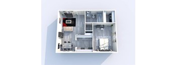 A top-down view of a small apartment with a bedroom, living room, and kitchen area.