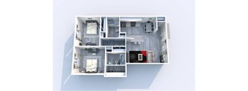 A 3D floor plan of a small apartment with two bedrooms and a living area.