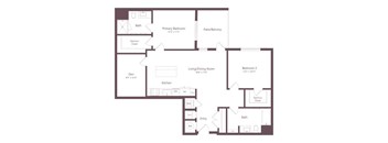 A floor plan of a house with a primary bedroom, living/dining room, kitchen, and two bathrooms.