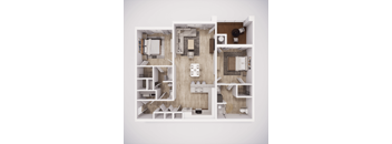 A top-down view of a house layout with a kitchen, living room, and bedrooms.