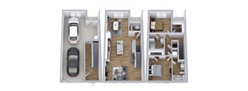 A top down view of a house layout with a car parked outside.