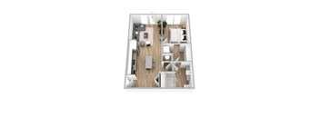 A top-down view of a small apartment with a living room, kitchen, and bedroom.