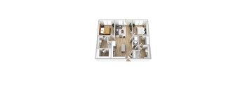 A top-down view of a house layout with a kitchen, living room, and bedrooms.