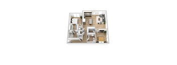 A 3D floor plan of a house with a kitchen, living room, and bedrooms.