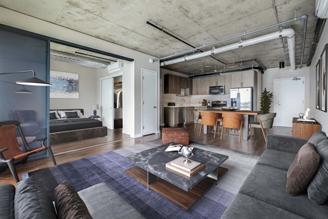 A modern living room with a grey couch and a coffee table.