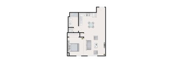 A floor plan of a house with a living room, kitchen, and two bedrooms.