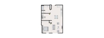 A floor plan of a house with a living room, dining room, kitchen, and two bedrooms.