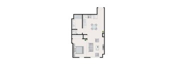 A floor plan of a house with a kitchen, living room, and bathroom.
