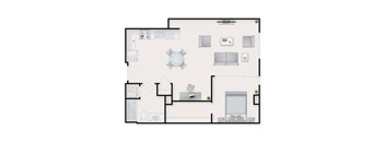 A floor plan of a house with a living room, kitchen, and bathroom.