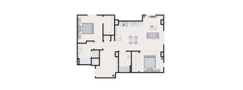 A floor plan of a house with a kitchen, living room, and two bedrooms.
