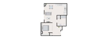 A floor plan of a house with a kitchen, living room, and two bedrooms.