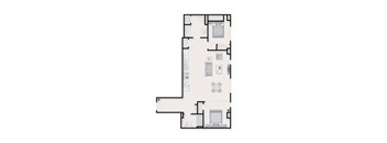 A floor plan of a house with a kitchen, living room, and two bedrooms.