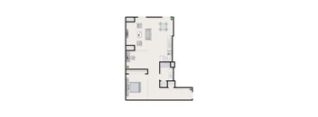 A floor plan of a house with a kitchen, living room, and two bedrooms.