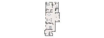 A floor plan of an apartment with a kitchen, living room, and two bedrooms.