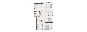 A floor plan of an apartment with a kitchen, living room, and two bedrooms.
