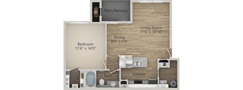 A floor plan of a small apartment with a bedroom, living room, kitchen, and bathroom.