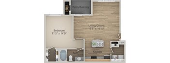 A floor plan of a small apartment with a bedroom, living/dining area, kitchen, and bathroom.