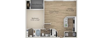 A floor plan of a small apartment with a living room, bedroom, kitchen, bathroom, and patio.