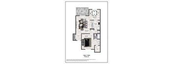 A floor plan of a one bedroom, one bathroom apartment.