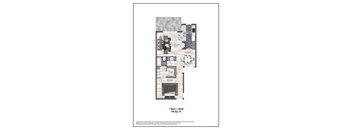 A floor plan of a one bedroom apartment with a bath.