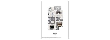 A floor plan of a 2 bedroom apartment with 1 bathroom.