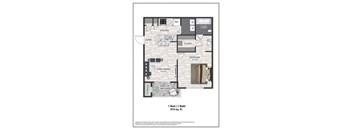 A floor plan of a small apartment with a kitchen, bathroom, and living room.