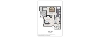 A floor plan of a one bedroom apartment with a living room, kitchen, and bath.