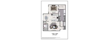 A floor plan of a one bedroom apartment with a bathroom, kitchen, and living room.