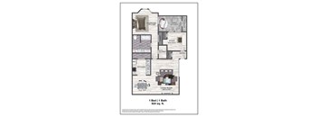 A floor plan of a one bedroom apartment with a bath.