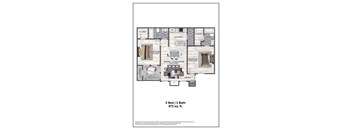 A floor plan of a 2 bedroom, 2 bathroom apartment sized 972 square feet.