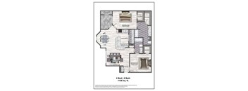 A floor plan of a 2 bedroom, 2 bathroom apartment sized 1138 sq. ft.