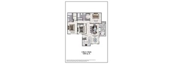 A floor plan of a 3 bedroom, 2 bathroom house.