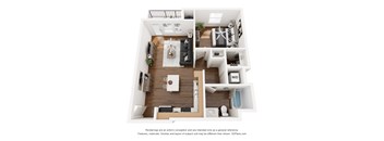 A 3D floor plan of a house with a kitchen, living room, and bathroom.