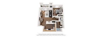 A 3D floor plan of a house with a kitchen, living room, and bathroom.