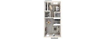 A 3D floor plan of a small apartment with a kitchen, living room, and bathroom.
