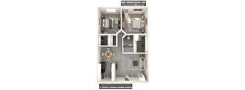 A 3D floor plan of a small apartment with a kitchen, living room, and bathroom.